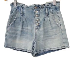 American Eagle High Waist Blue Denim Paperbag Mom Shorts Button Fly Belted Sz 4‎